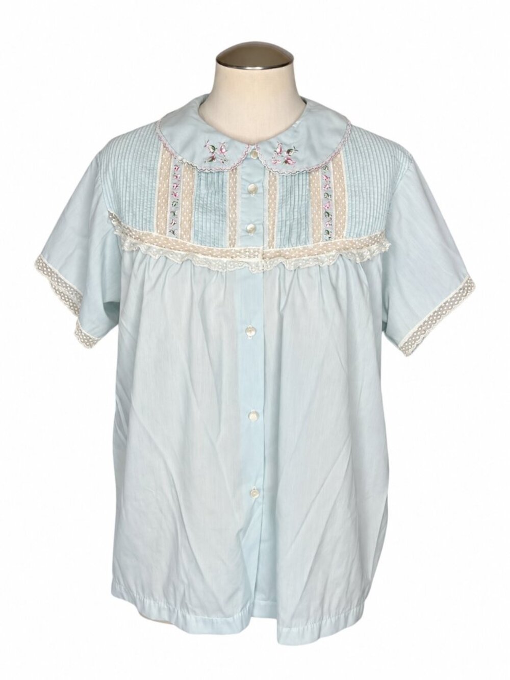 Vintage Barbizon Blue Embroidered Lace Pajama Top Cottagecore Estimated L XL